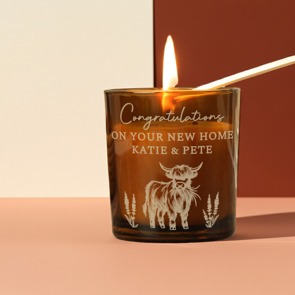 Highland Cow Personalised Amber Glass Vanilla Candle Jar | Custom Message Gift for Any Occasion - Artfully Curated Creations and identify whats in the image