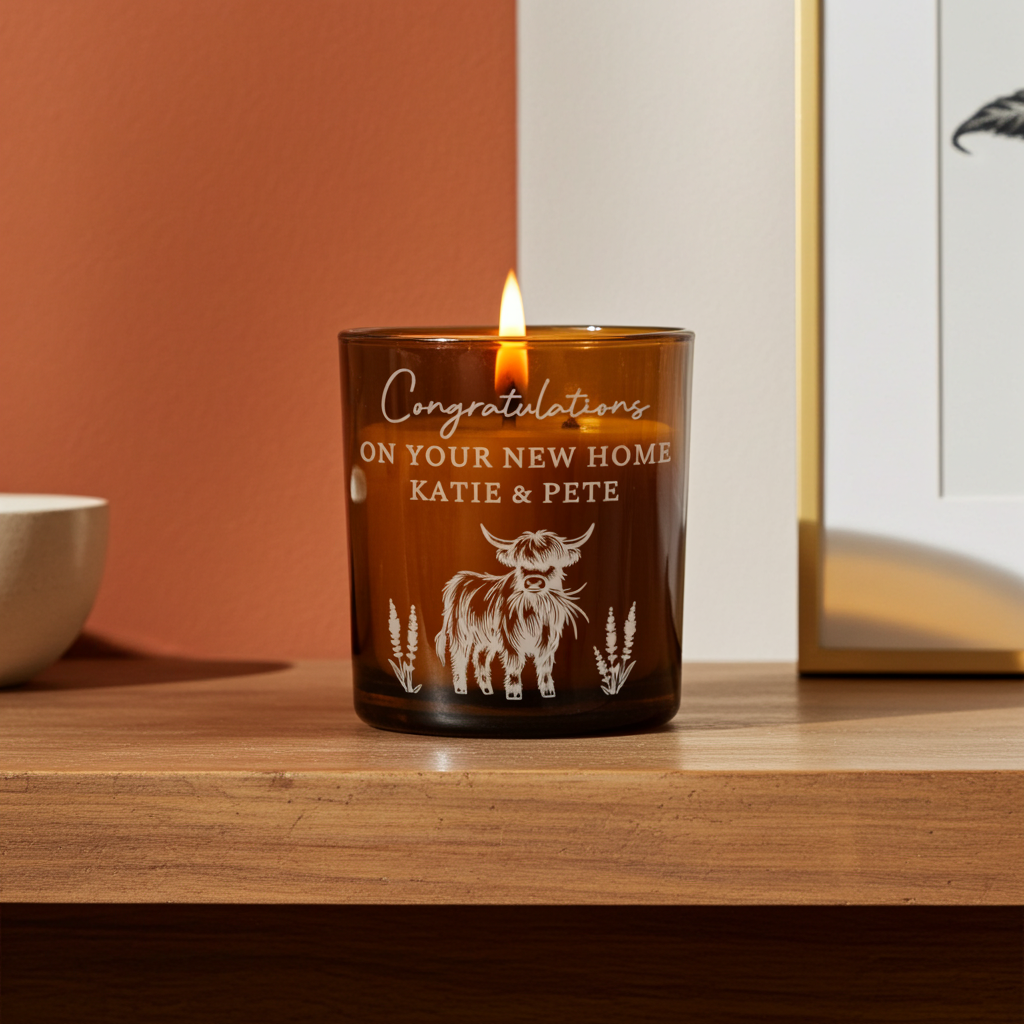 Highland Cow Personalised Amber Glass Vanilla Candle Jar | Custom Message Gift for Any Occasion - Artfully Curated Creations and identify whats in the image