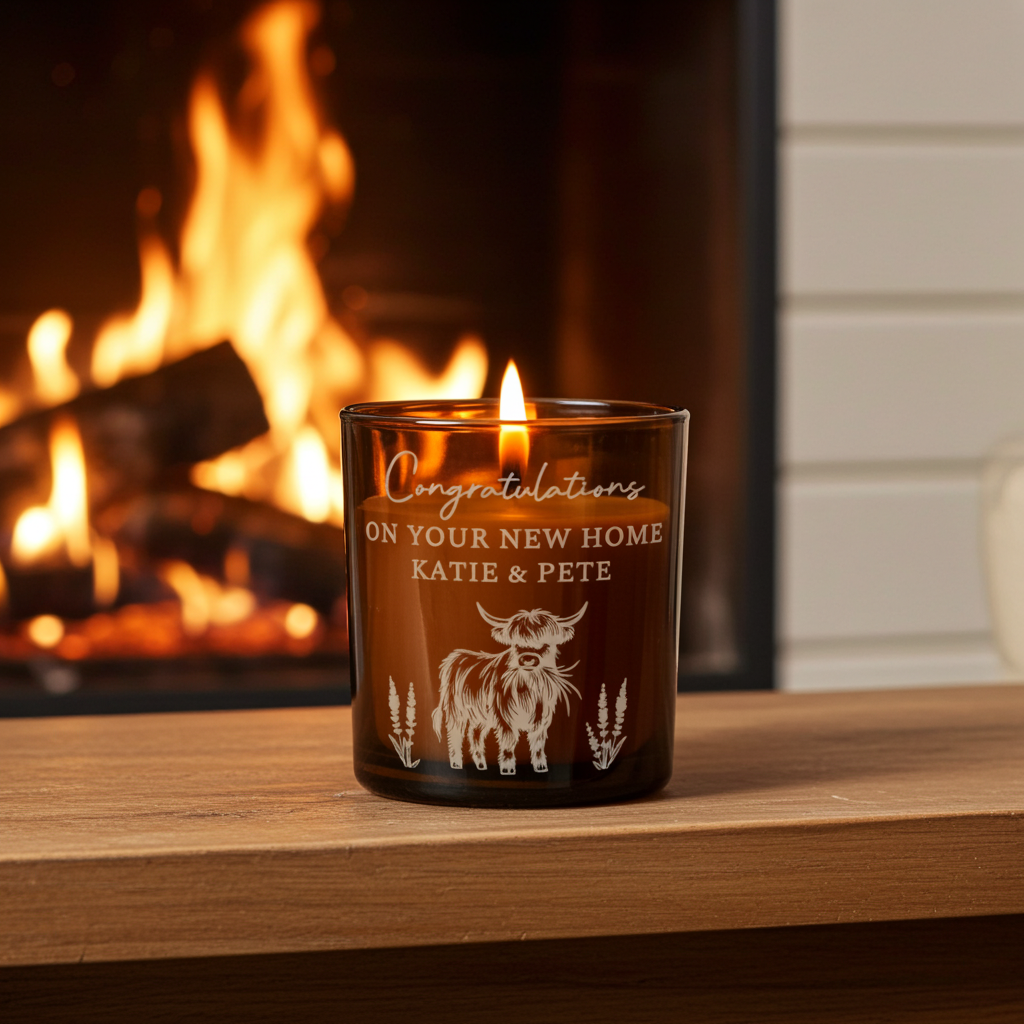 Highland Cow Personalised Amber Glass Vanilla Candle Jar | Custom Message Gift for Any Occasion - Artfully Curated Creations and identify whats in the image