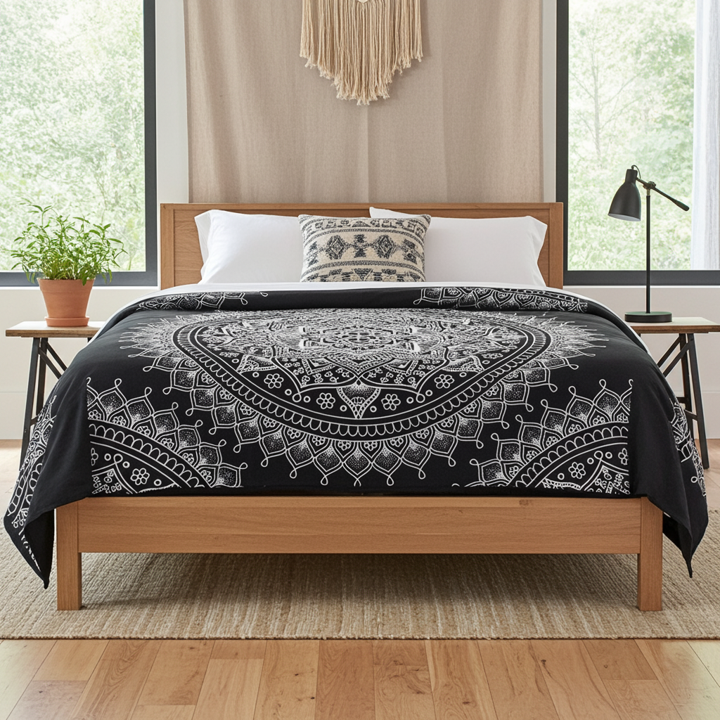 Black & White Double Bed Spread / Wall Art - Lotus Flower