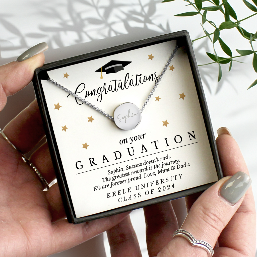 Personalised Graduation Necklace | Engraved Sentiment Card & Gift Box Keepsake - Artfully Curated Creations and identify whats in the image