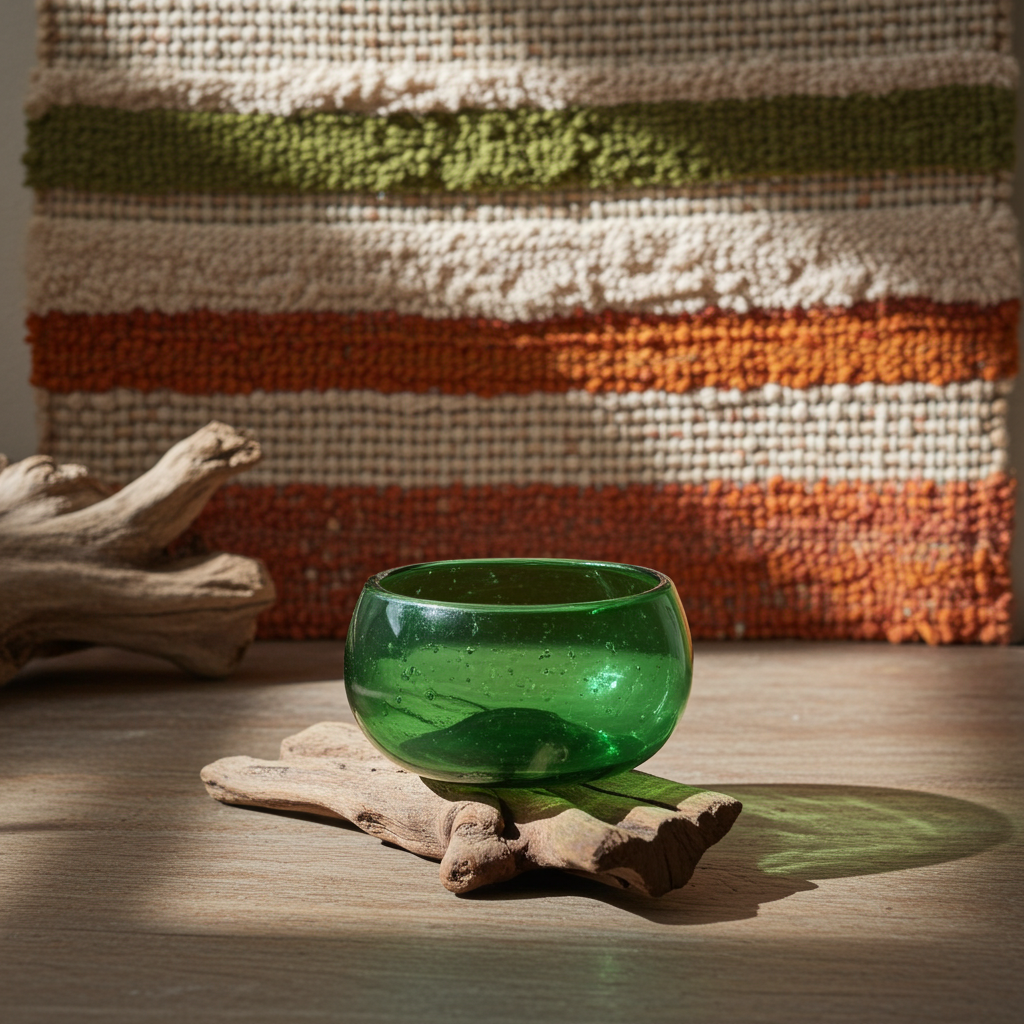 Molton Recycled Beer Bottle Glass Wide Bowl On Wooden Stand