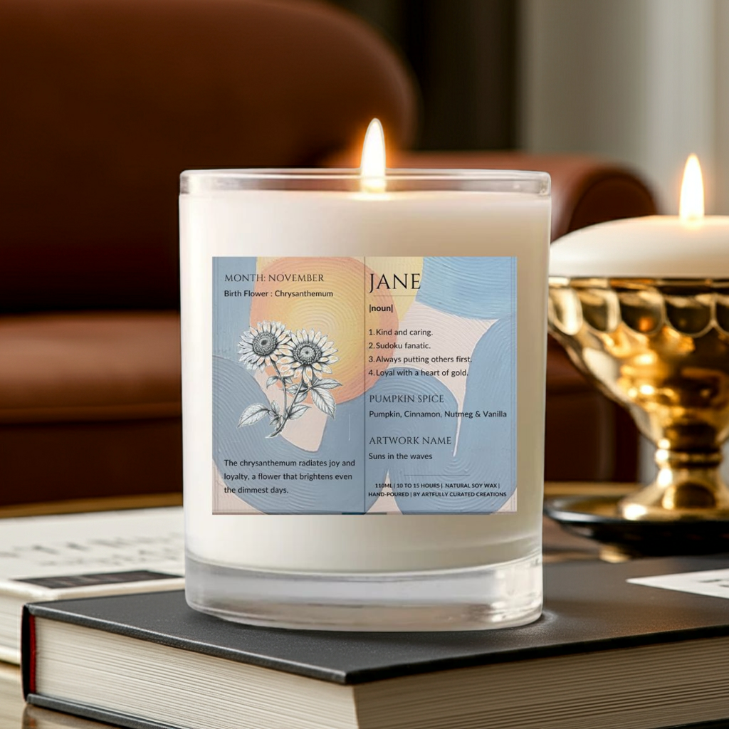 The Definition of you birth flower customisable scented artwork candle transparent Jar | Handmade | A personal gift - Artfully Curated Creations and identify whats in the image