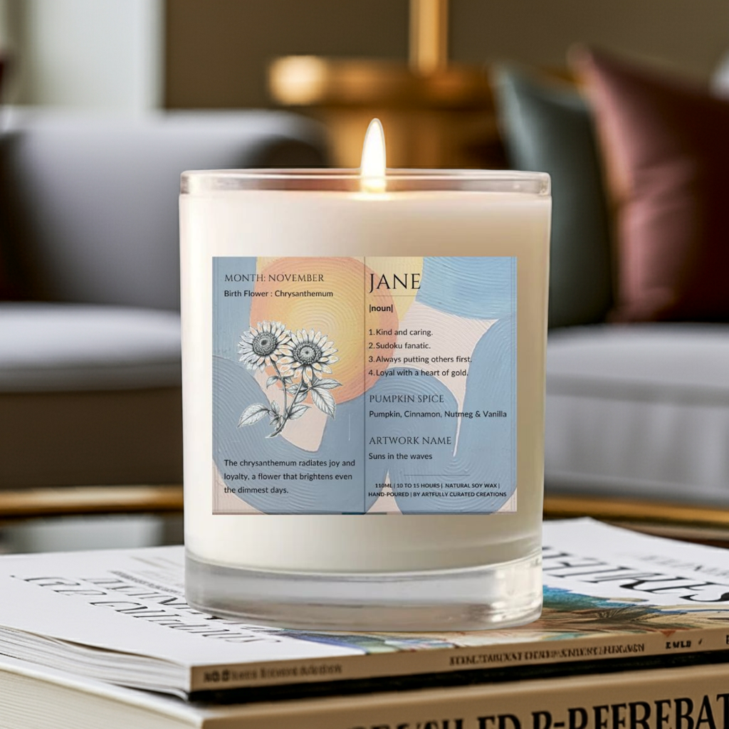 The Definition of you birth flower customisable scented artwork candle transparent Jar | Handmade | A personal gift - Artfully Curated Creations and identify whats in the image