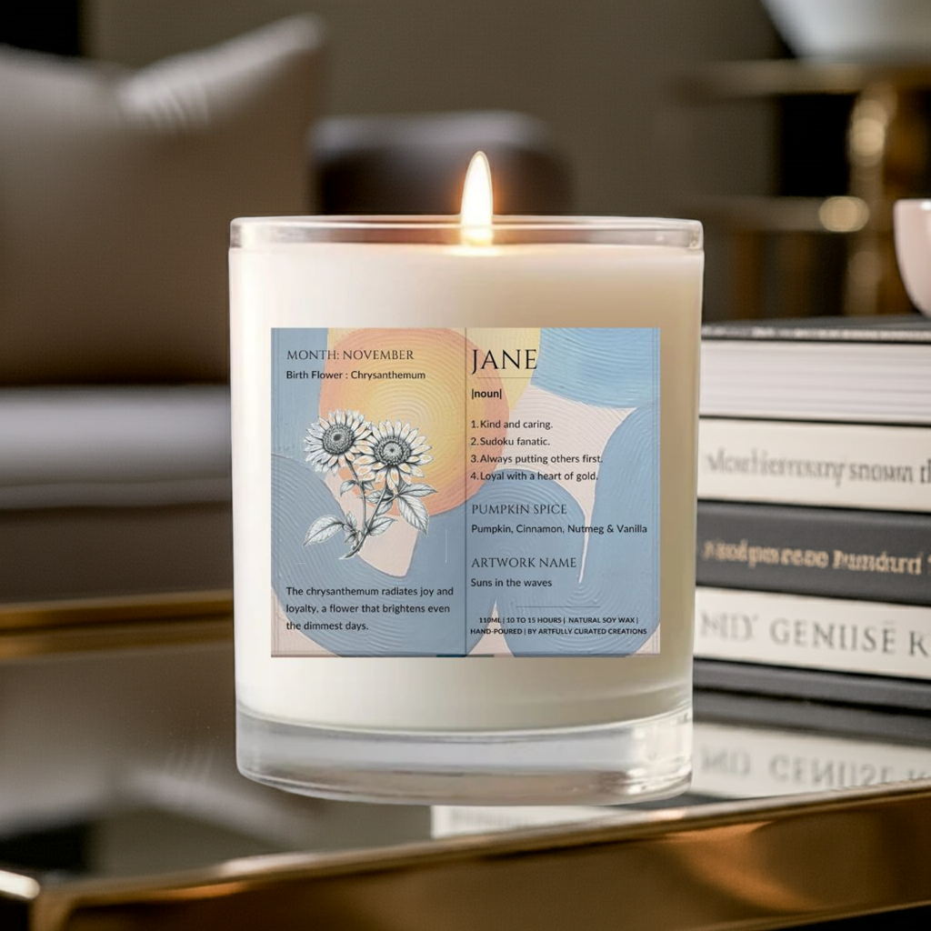 The Definition of you birth flower customisable scented artwork candle transparent Jar | Handmade | A personal gift - Artfully Curated Creations and identify whats in the image