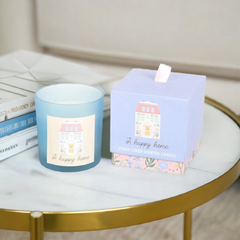 Fresh Linen Scented Candle "Happy Home" Gift Candle with House Illustration 20-Hour Burn, Glass Jar, Relaxing Clean Scent