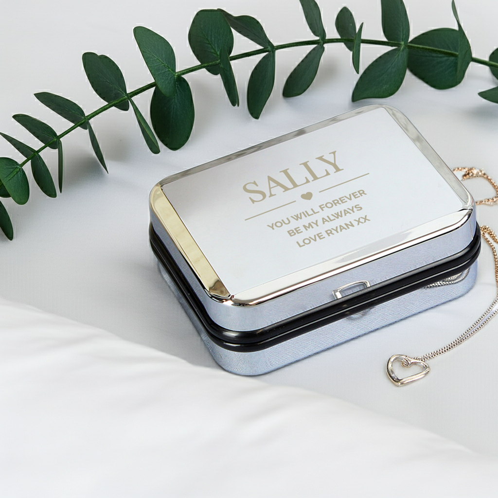 Personalised Sterling Silver Heart Necklace with Name and Engraved Chrome Gift Box, a Timeless Keepsake Gift for Her