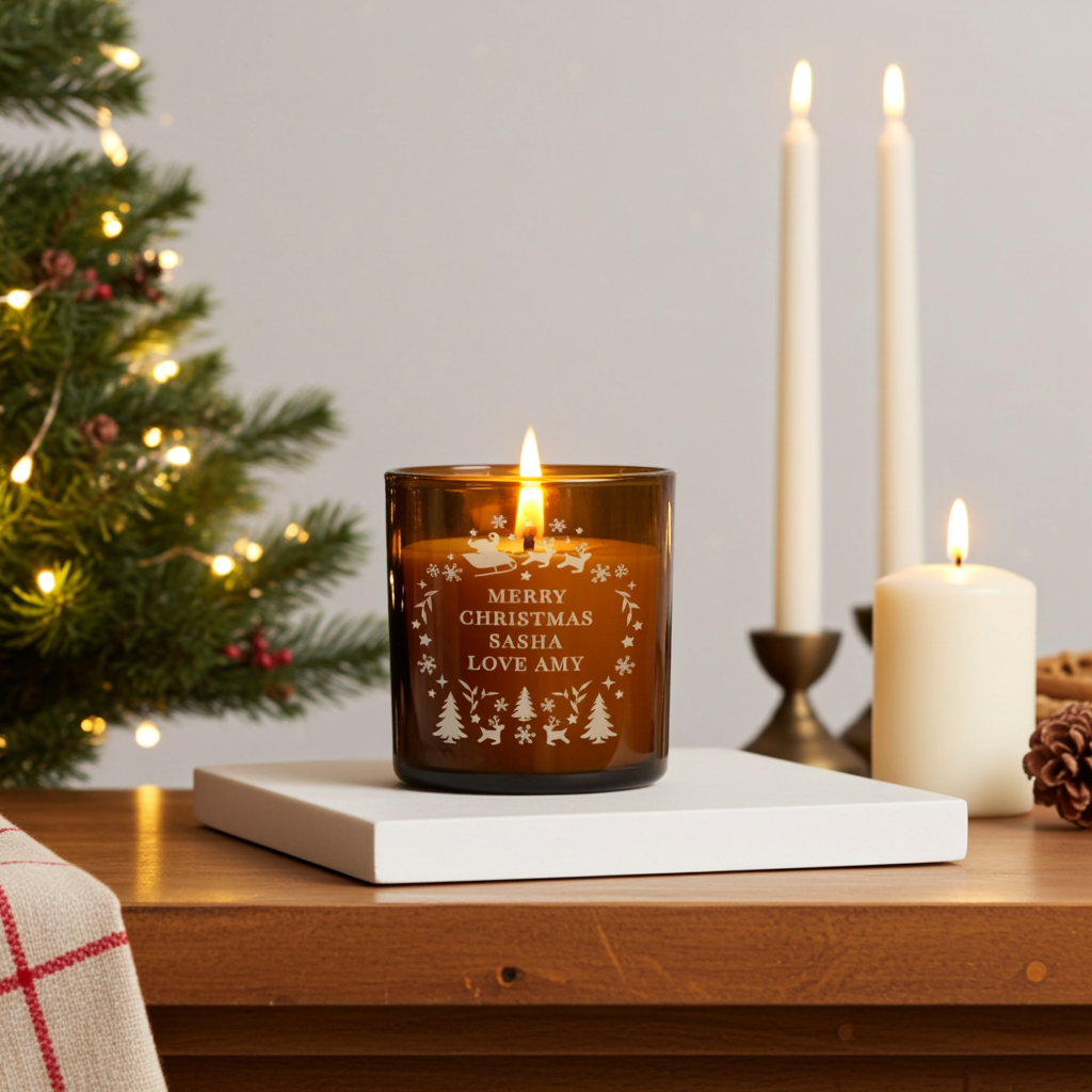 Personalised Amber Glass Vanilla Candle Jar | Custom Christmas Gift - Artfully Curated Creations and identify whats in the image