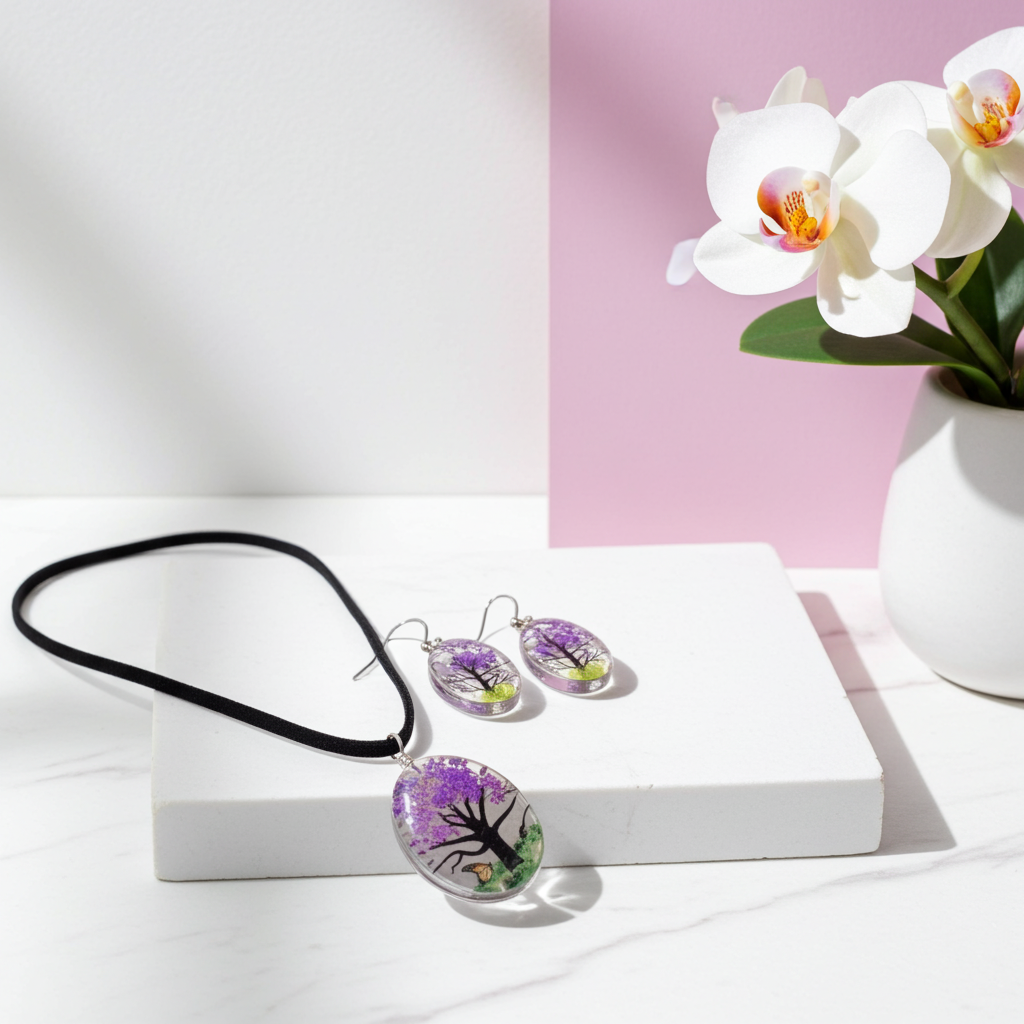 Pressed Flower Tree Of Life Jewellery Set