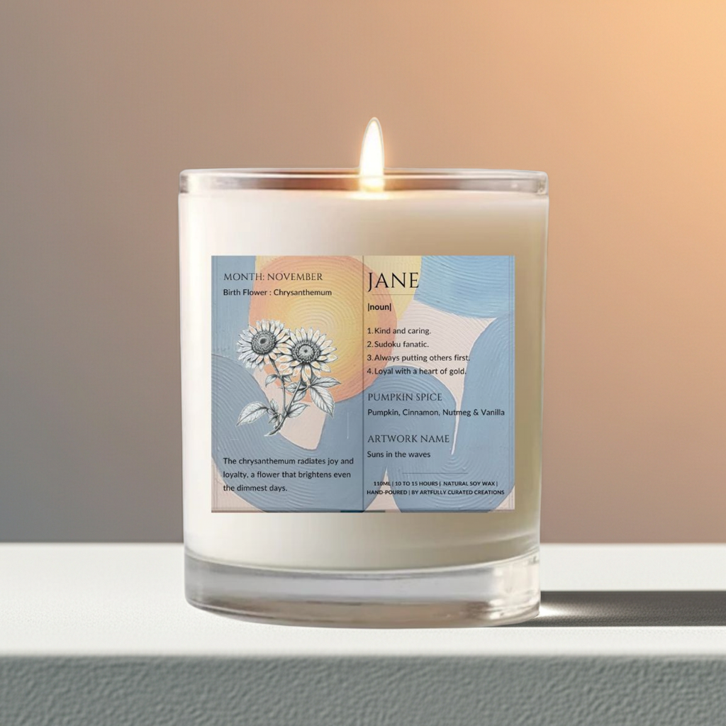 The Definition of you birth flower customisable scented artwork candle transparent Jar | Handmade | A personal gift - Artfully Curated Creations and identify whats in the image