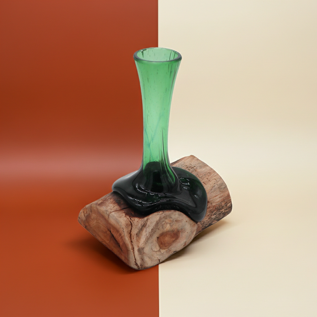 Molton Recycled Beer Bottle Glass Flower Vase On Wooden Stand