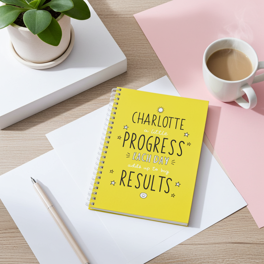 Yellow notebook with motivational quote on a desk with a cup of coffee, pink paper, and plant.