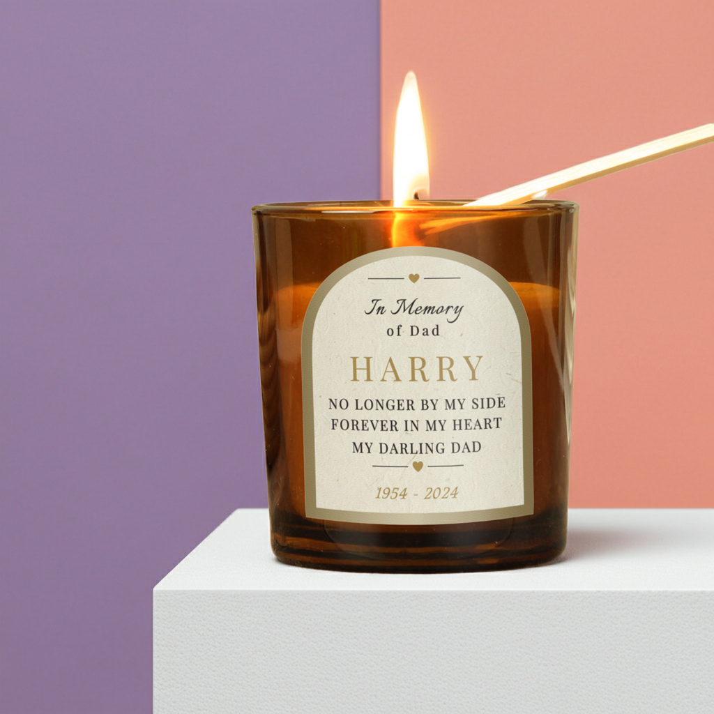 Personalised In Loving Memory Amber Glass Candle | A Comforting Memorial Keepsake - Artfully Curated Creations and identify whats in the image