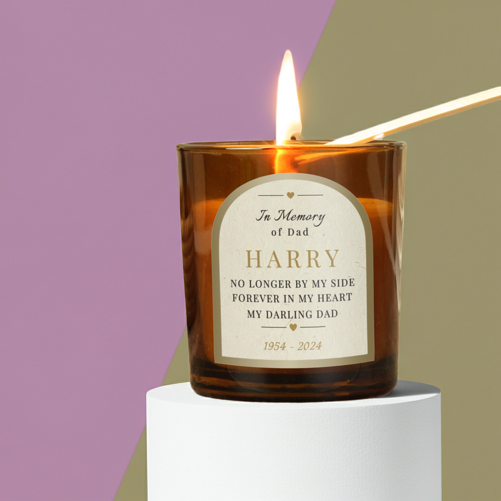 Personalised In Loving Memory Amber Glass Candle | A Comforting Memorial Keepsake - Artfully Curated Creations and identify whats in the image