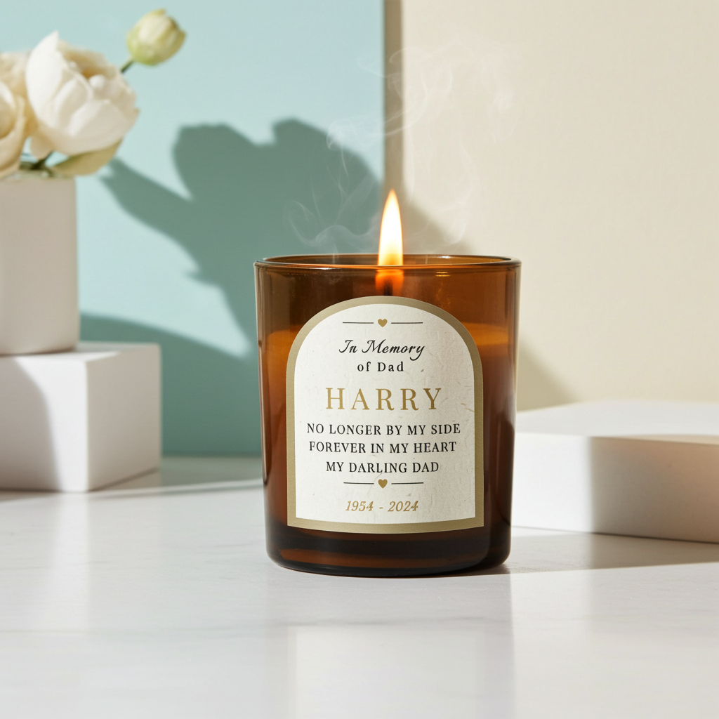 Personalised In Loving Memory Amber Glass Candle | A Comforting Memorial Keepsake - Artfully Curated Creations and identify whats in the image