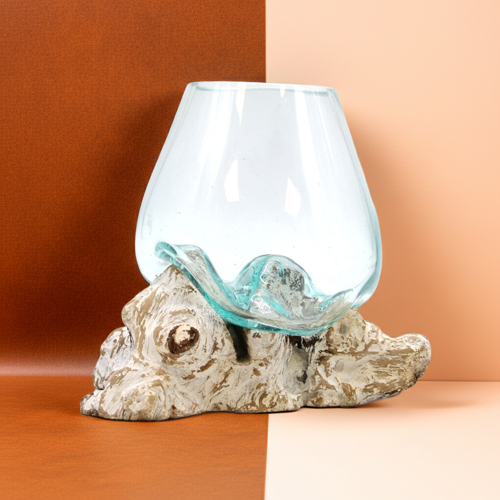 Molton Glass Large Bowl On A Whitewashed Wooden Stand