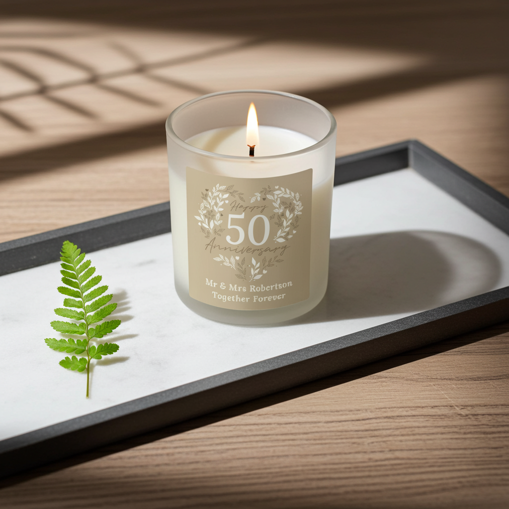 Personalised 50th Anniversary Vanilla Candle Jar | Golden Anniversary Keepsake - Artfully Curated Creations and identify whats in the image
