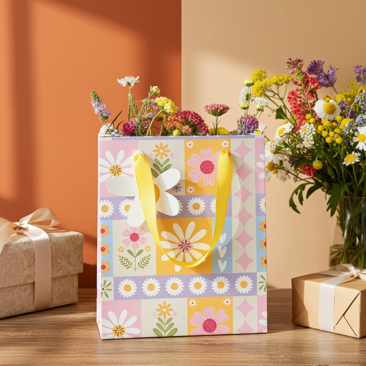 Floral Patchwork Gift Bag | 23cm Spring Paper Gift Bag | Daisy Tag & Ribbon Handles | Easter & Birthday Gift Packaging