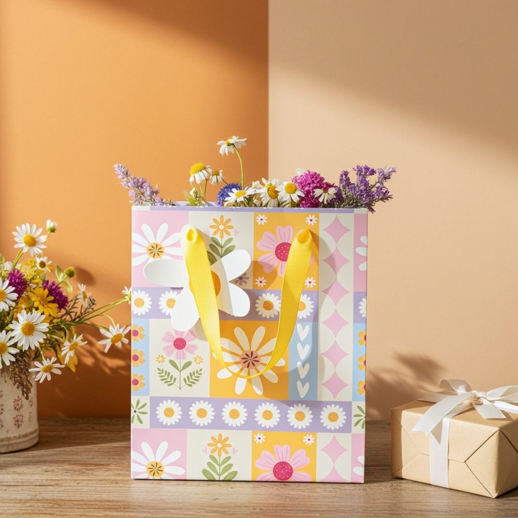 Floral Patchwork Gift Bag | 23cm Spring Paper Gift Bag | Daisy Tag & Ribbon Handles | Easter & Birthday Gift Packaging