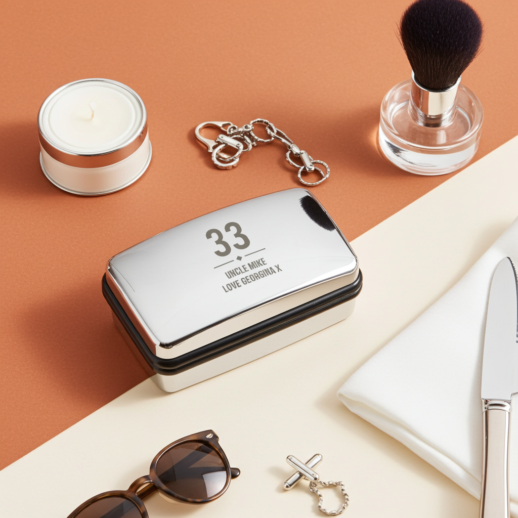 Personalised Age Cufflink Box | Engraved Chrome Keepsake for Birthdays, Weddings & Father’s Day - Artfully Curated Creations and identify whats in the image