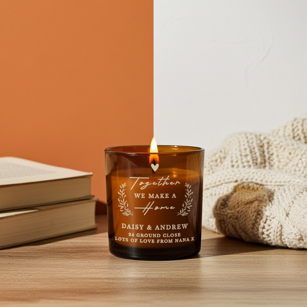 Personalised “Together We Make a Home” Amber Glass Candle Jar | Custom Housewarming Gift - Artfully Curated Creations and identify whats in the image