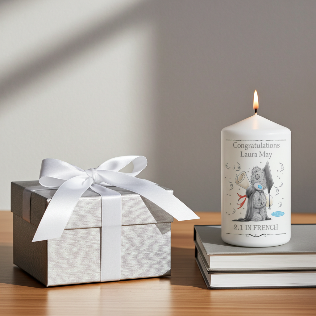 A white pillar candle with a lit flame sits on stacked books beside a white gift box tied with a satin ribbon. The candle label shows a gray illustration of a cat and the text 'Congratulations Laura May' and '2, 1 IN FRENCH'.