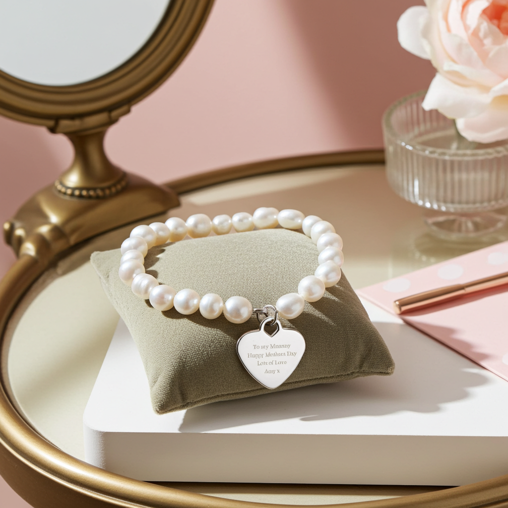 Personalised White Freshwater Pearl Bracelet | Engraved Message Gift Box - Artfully Curated Creations and identify whats in the image