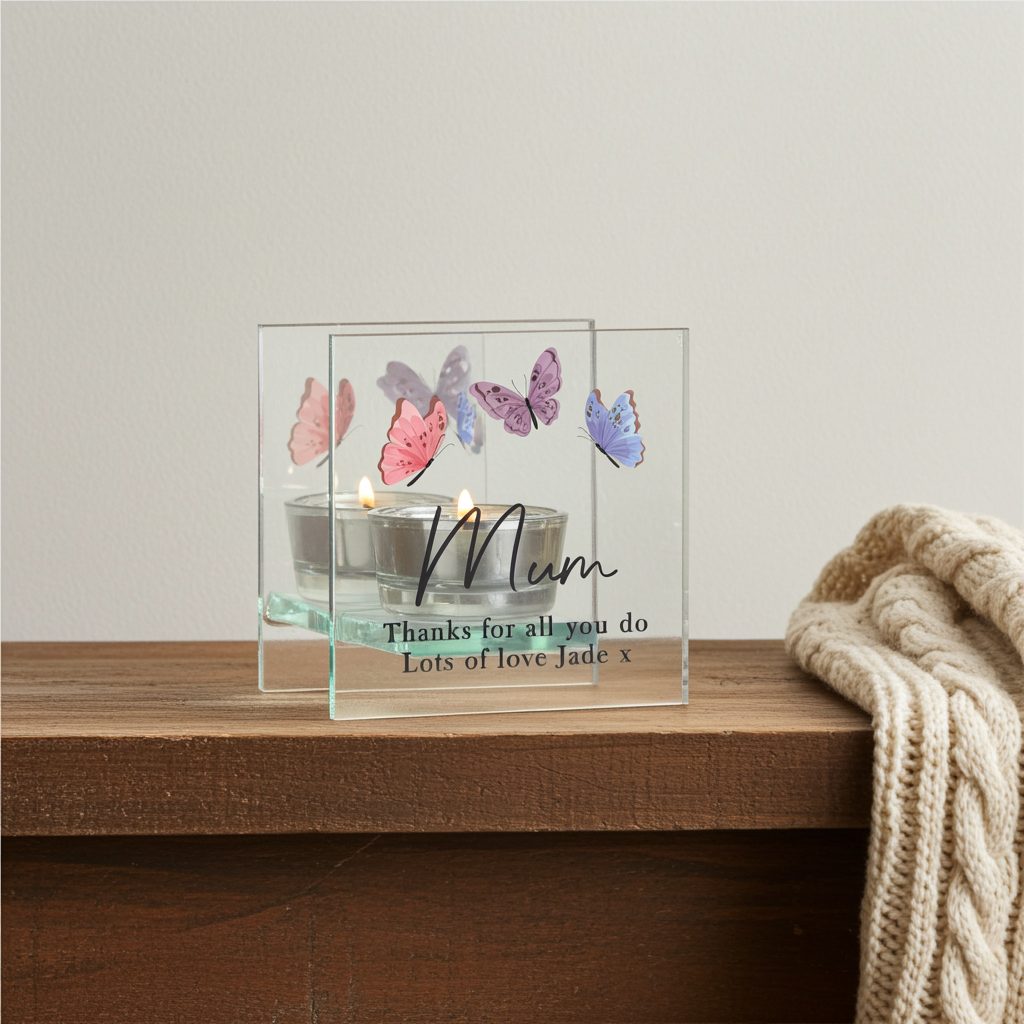 Personalised Butterfly Glass Tea Light Holder | Custom Message Gift for Mother’s Day & Birthdays - Artfully Curated Creations and identify whats in the image