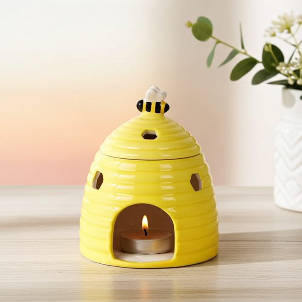 Yellow Beehive Ceramic Oil Burner with Bee Lid & Honeycomb Cutouts Aromatherapy Burner for Fragrance Oils