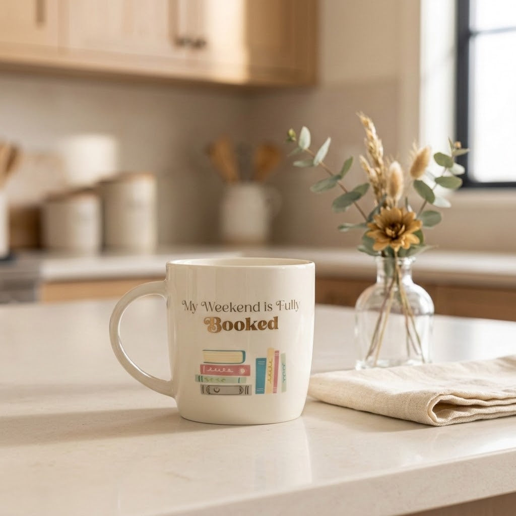 A white ceramic mug with the text 'My Weekend Is Fully Booked' and a small book illustration sits on a kitchen counter next to a small glass vase with dried flowers.