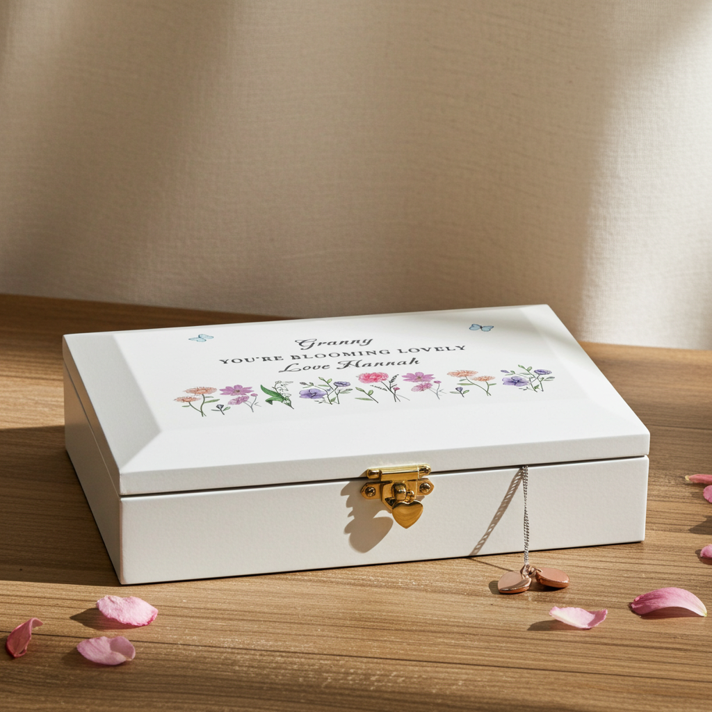 Personalised Wildflower White Wooden Jewellery Box | A Beautiful Keepsake for Cherished Treasures - Artfully Curated Creations and identify whats in the image
