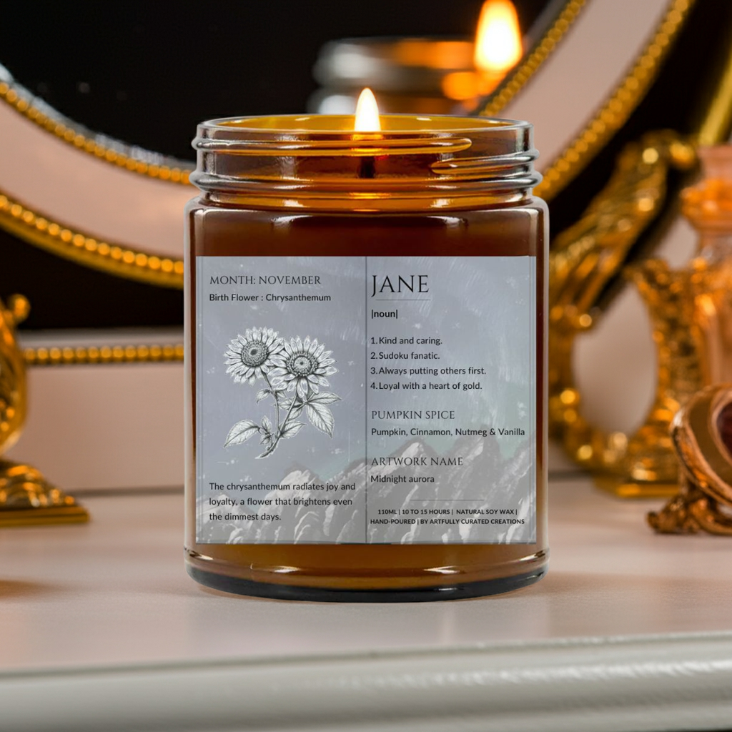 The Definition of you birth flower customisable scented artwork candle | Handmade | A personal gift - Artfully Curated Creations and identify whats in the image