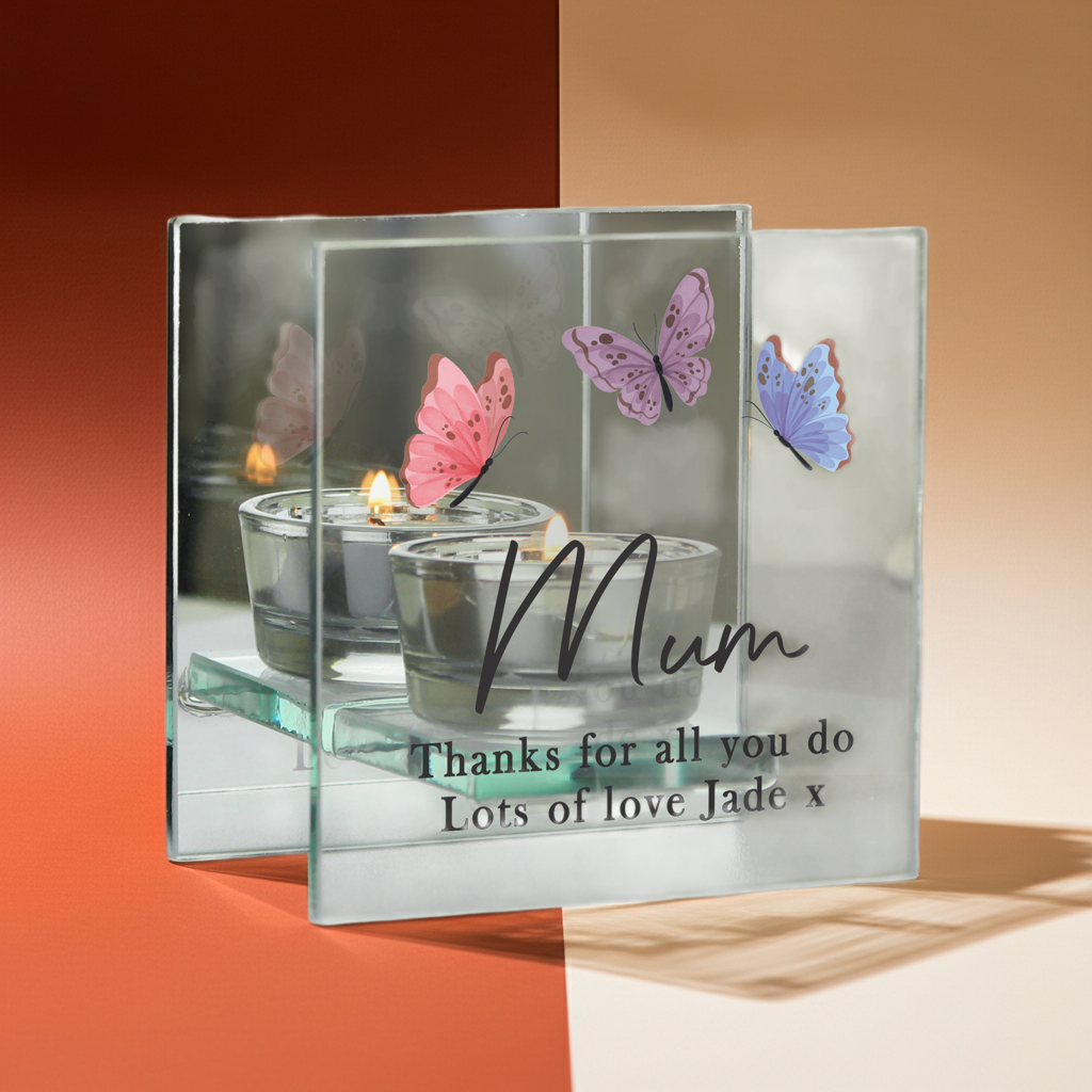Personalised Butterfly Glass Tea Light Holder | Custom Message Gift for Mother’s Day & Birthdays - Artfully Curated Creations and identify whats in the image