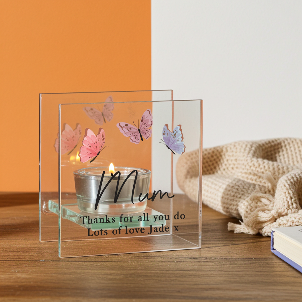 Personalised Butterfly Glass Tea Light Holder | Custom Message Gift for Mother’s Day & Birthdays - Artfully Curated Creations and identify whats in the image