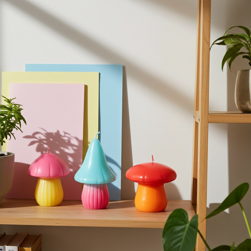 Set of 3 Mushroom Shaped Candles Colourful Unscented Decor Candles Cottagecore, Fairycore, Whimsical Home Styling