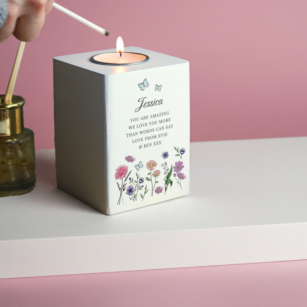 Personalised Wild Flowers Tealight Holder| Custom Wooden Gift for Any Occasion - Artfully Curated Creations and identify whats in the image
