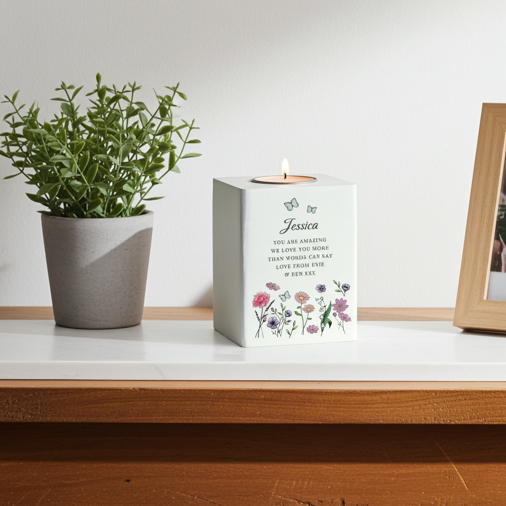 Personalised Wild Flowers Tealight Holder| Custom Wooden Gift for Any Occasion - Artfully Curated Creations and identify whats in the image