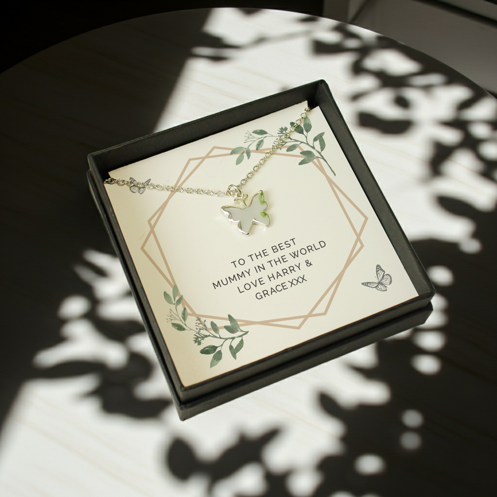 Personalised Butterfly Necklace | Engraved Sentiment Card & Gift Box for Any Occasion - Artfully Curated Creations and identify whats in the image