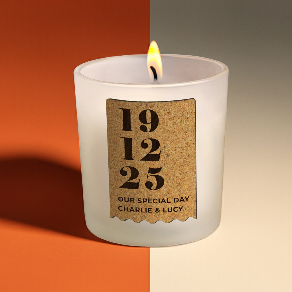 Personalised Vanilla Anniversary Cork Label Candle Jar | Custom Date & Message Keepsake - Artfully Curated Creations and identify whats in the image