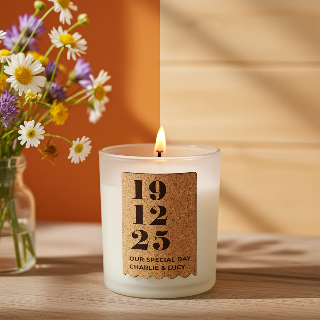 Personalised Vanilla Anniversary Cork Label Candle Jar | Custom Date & Message Keepsake - Artfully Curated Creations and identify whats in the image