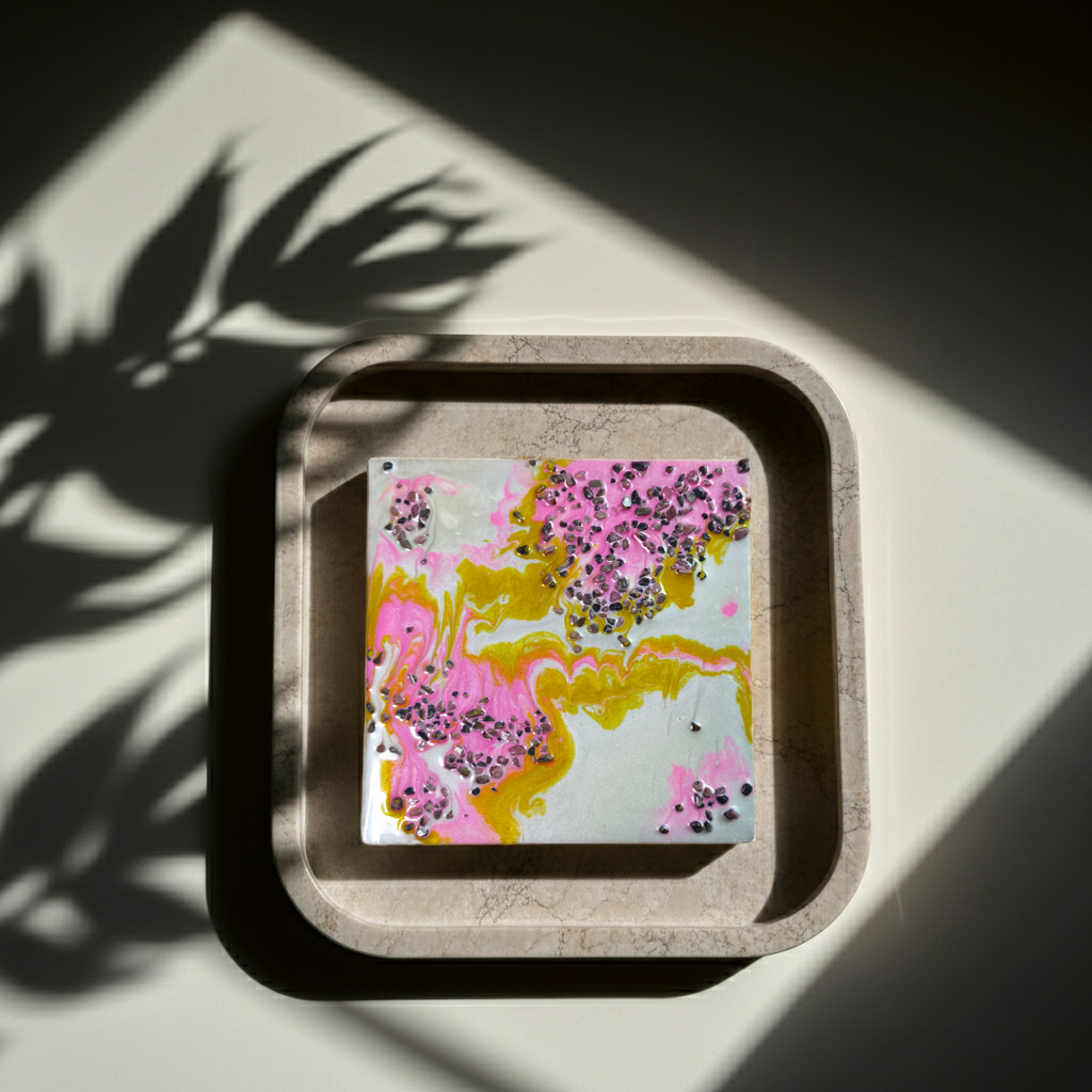 “Blush & Bloom” | Pink Gold & Pearl Resin Art with Rhodonite Gemstones | Imperfectly Perfect Handmade Wooden Canvas - Artfully Curated Creations and identify whats in the image