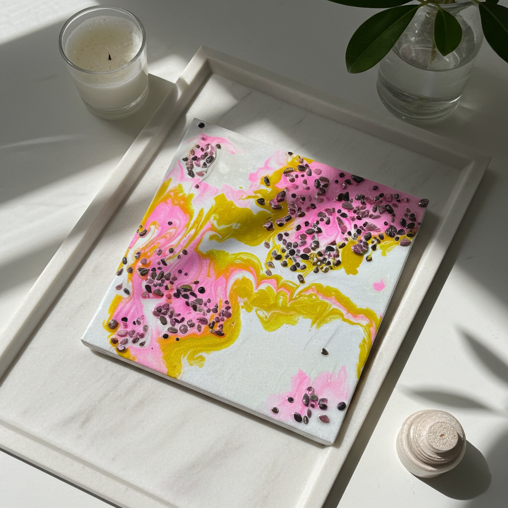 “Blush & Bloom” | Pink Gold & Pearl Resin Art with Rhodonite Gemstones | Imperfectly Perfect Handmade Wooden Canvas - Artfully Curated Creations and identify whats in the image