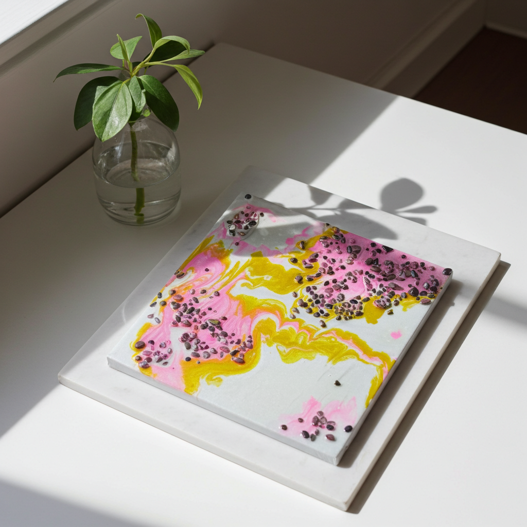 “Blush & Bloom” | Pink Gold & Pearl Resin Art with Rhodonite Gemstones | Imperfectly Perfect Handmade Wooden Canvas - Artfully Curated Creations and identify whats in the image