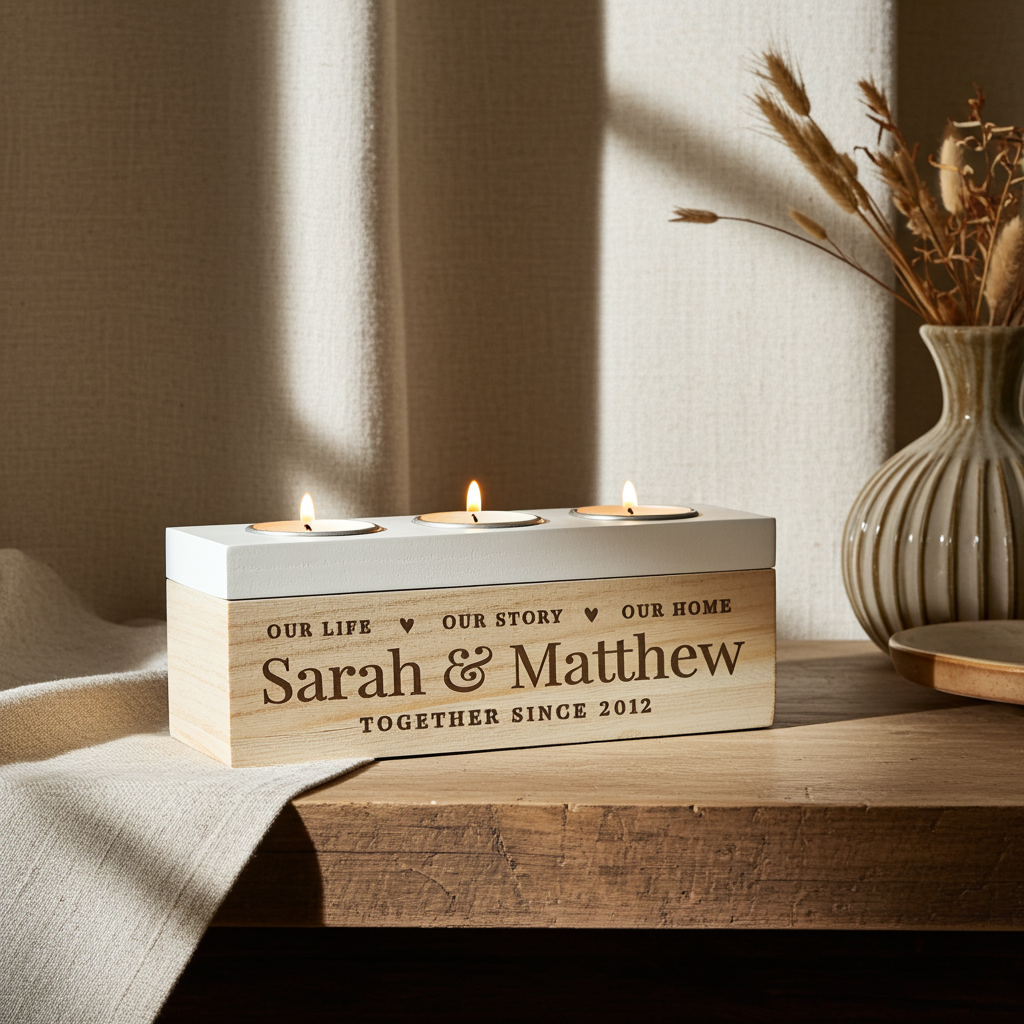 Personalised Wooden Triple Tealight Holder | A Heartfelt Keepsake for Any Home