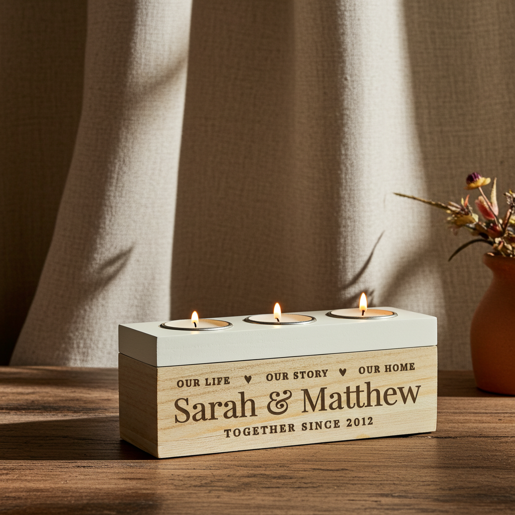 Personalised Wooden Triple Tealight Holder | A Heartfelt Keepsake for Any Home