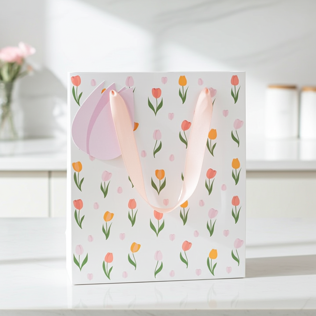 Tulip Gift Bag for Mum | Floral Paper Gift Bag | Mother’s Day Gift Packaging | 23cm | Bright Spring Design - Artfully Curated Creations and identify whats in the image