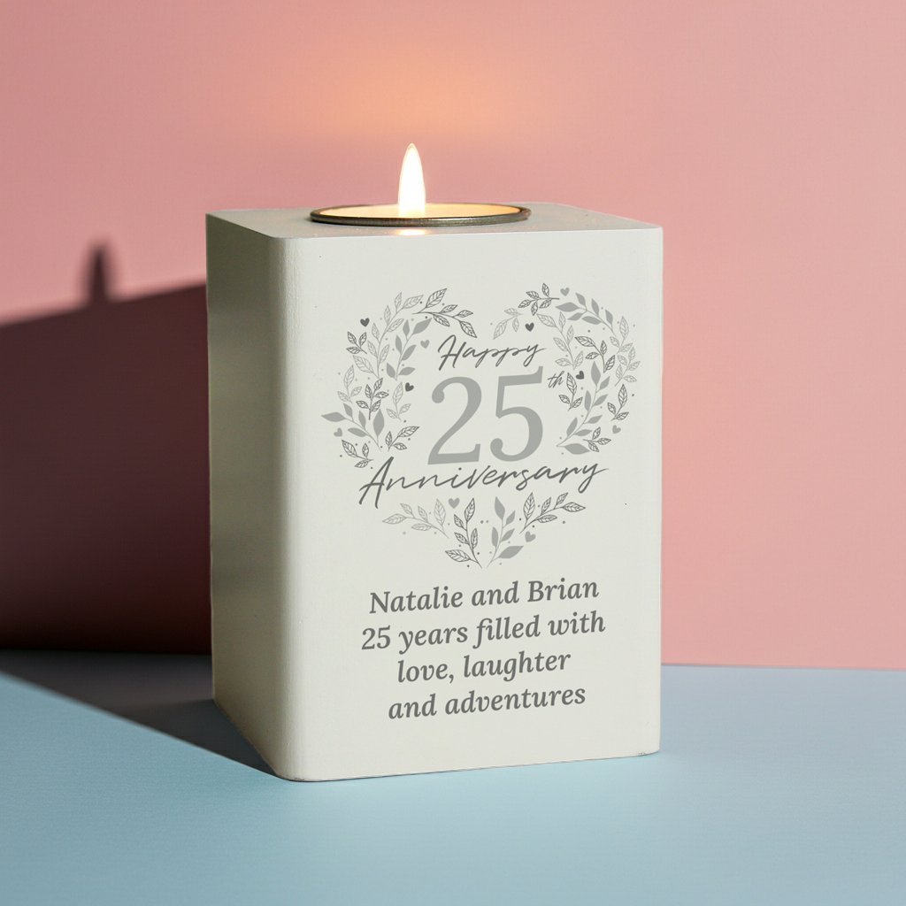 Personalised 25th Anniversary Tealight Holder | Silver Anniversary Keepsake - Artfully Curated Creations and identify whats in the image
