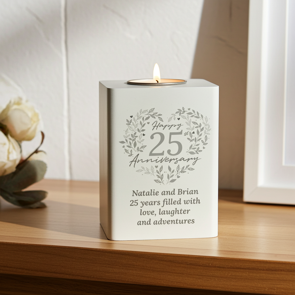 Personalised 25th Anniversary Tealight Holder | Silver Anniversary Keepsake - Artfully Curated Creations and identify whats in the image