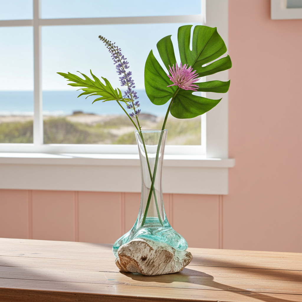 Molton Glass Medium Vase On A Whitewashed Wooden Stand