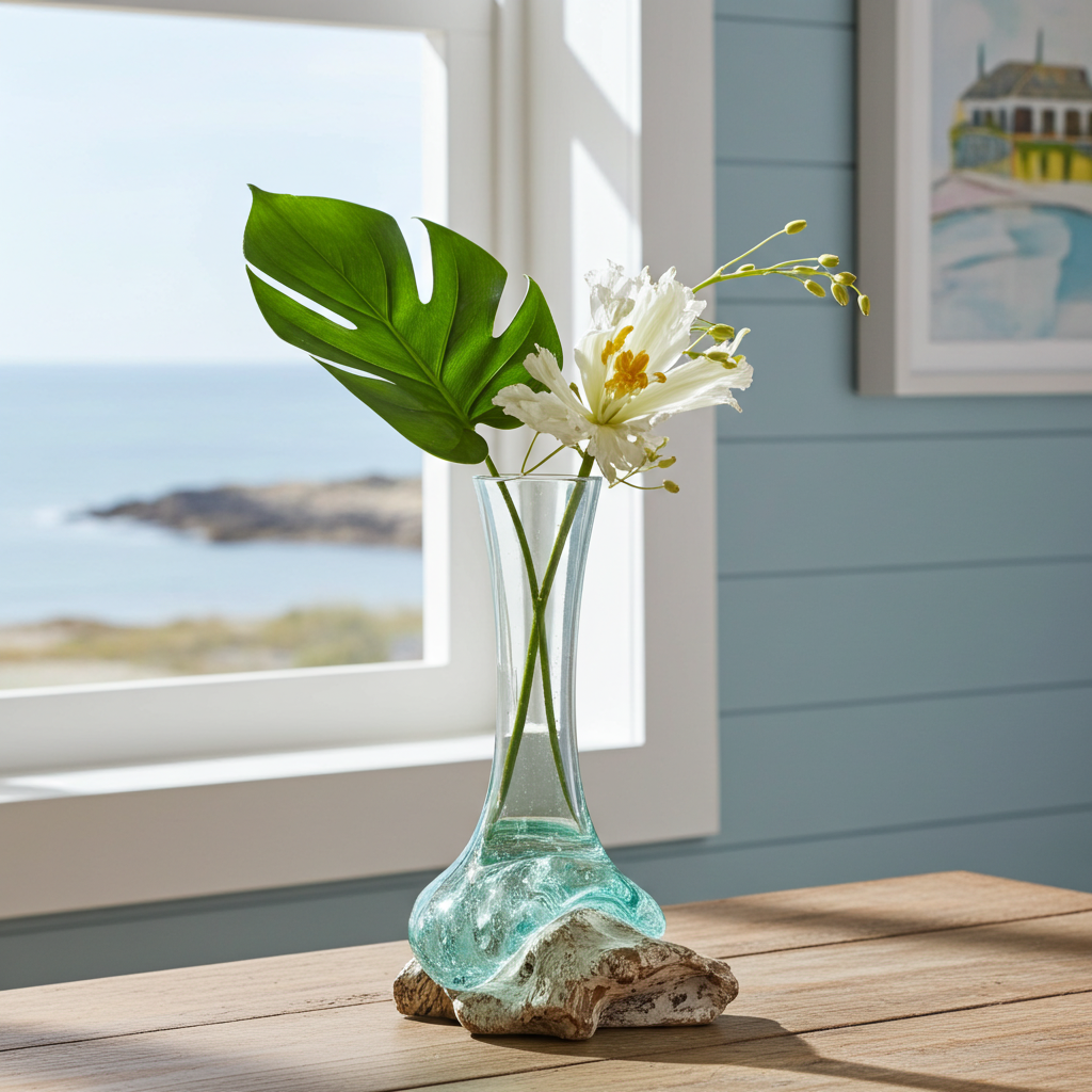 Molton Glass Medium Vase On A Whitewashed Wooden Stand